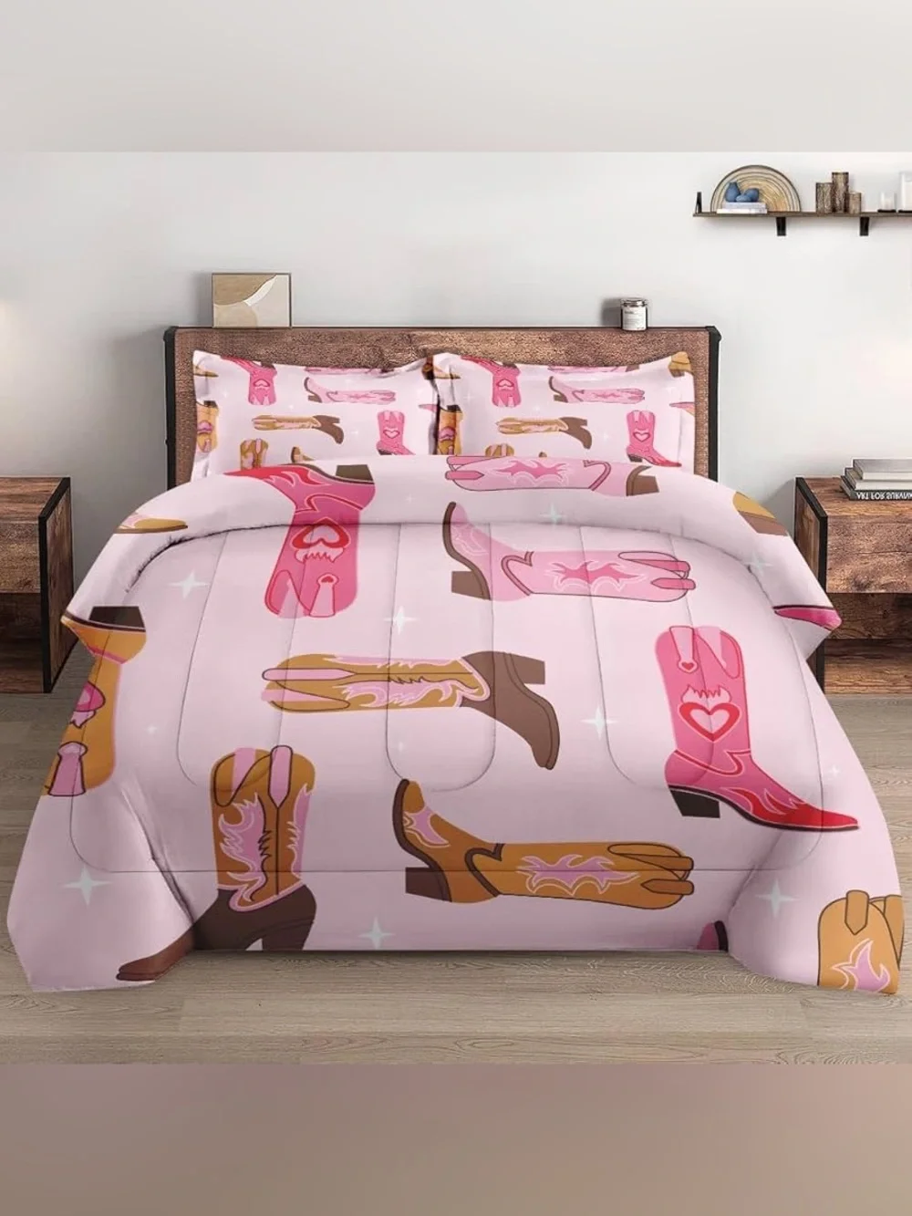🆕 America Cowboy Boots Pink Comforter Set - Retro Western Bedding